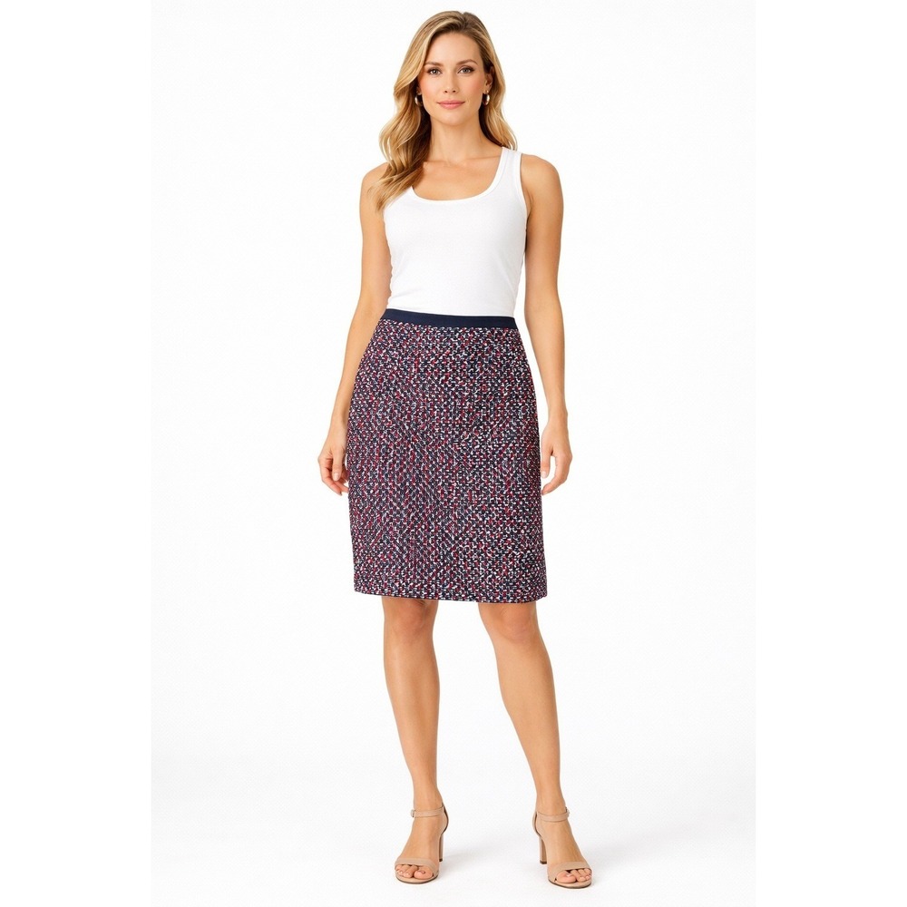 Talbots Tweed‎ Pencil Skirt 12P Navy Red White Knee Length Petite